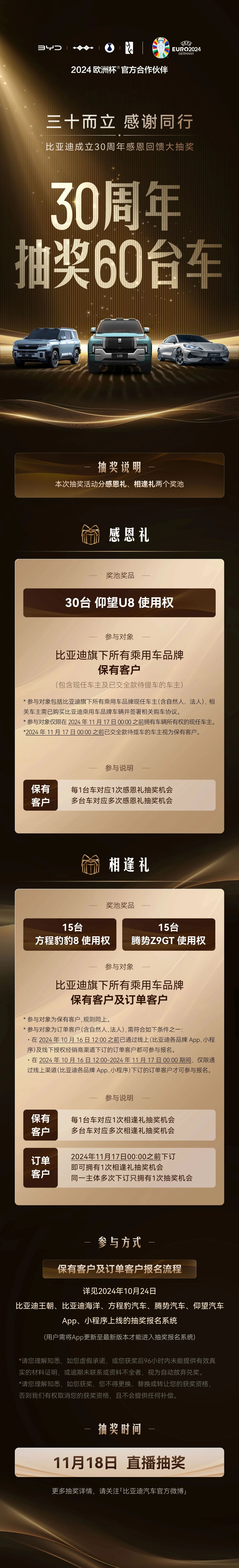 三十而立,感恩同行!比亚迪成立30周年感恩回馈大抽奖,30周年抽奖60台车,仰望U8开回家!